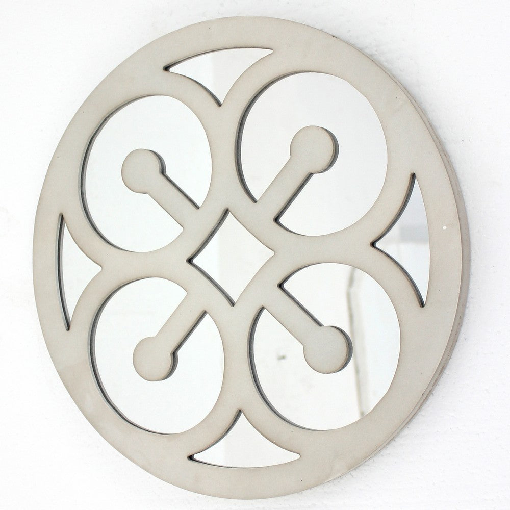 Wooden Round Shape Wall Decor Geometric Overlay on Top, White and Silver - BM211076