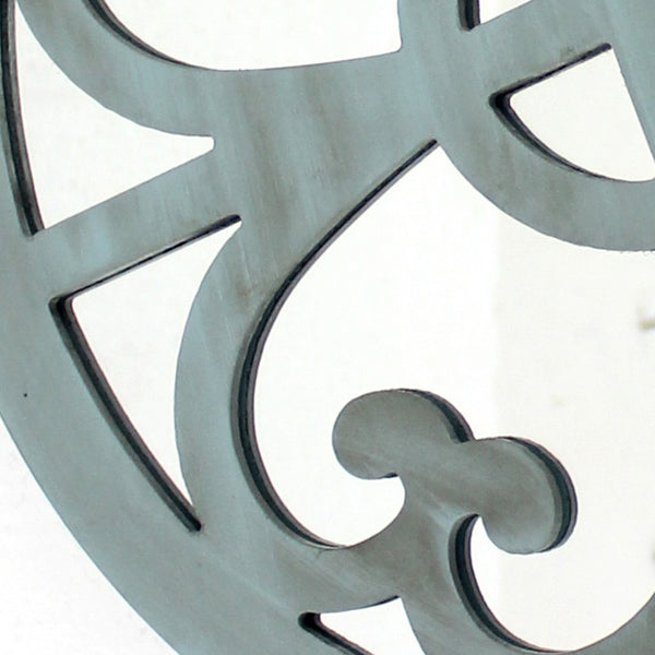 Wooden Round Wall Decor with Floral Pattern, Distressed Blue and Silver - BM211077