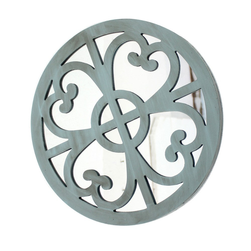 Wooden Round Wall Decor with Floral Pattern, Distressed Blue and Silver - BM211077
