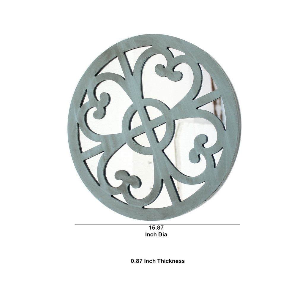 Wooden Round Wall Decor with Floral Pattern, Distressed Blue and Silver - BM211077