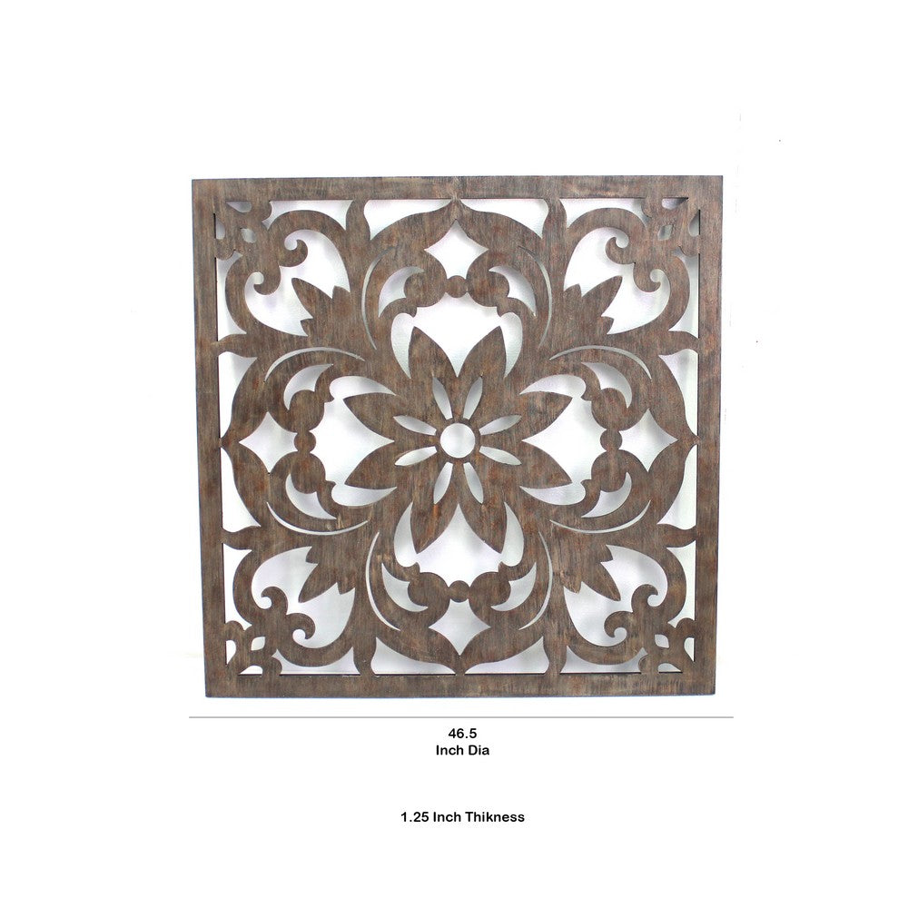 Traditional Square Shape Wooden Wall Decor with Floral Engraving, Brown - BM211080