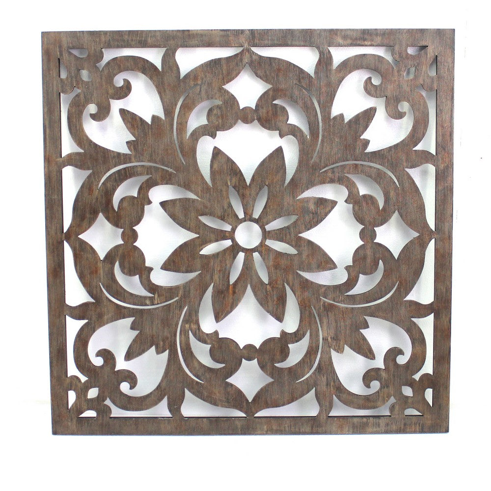Traditional Square Shape Wooden Wall Decor with Floral Engraving, Brown - BM211080