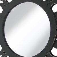 Wooden Mirror Blooming Lotus Wall Decor with Floral Engraving, Black - BM211081