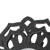 Wooden Mirror Blooming Lotus Wall Decor with Floral Engraving, Black - BM211081