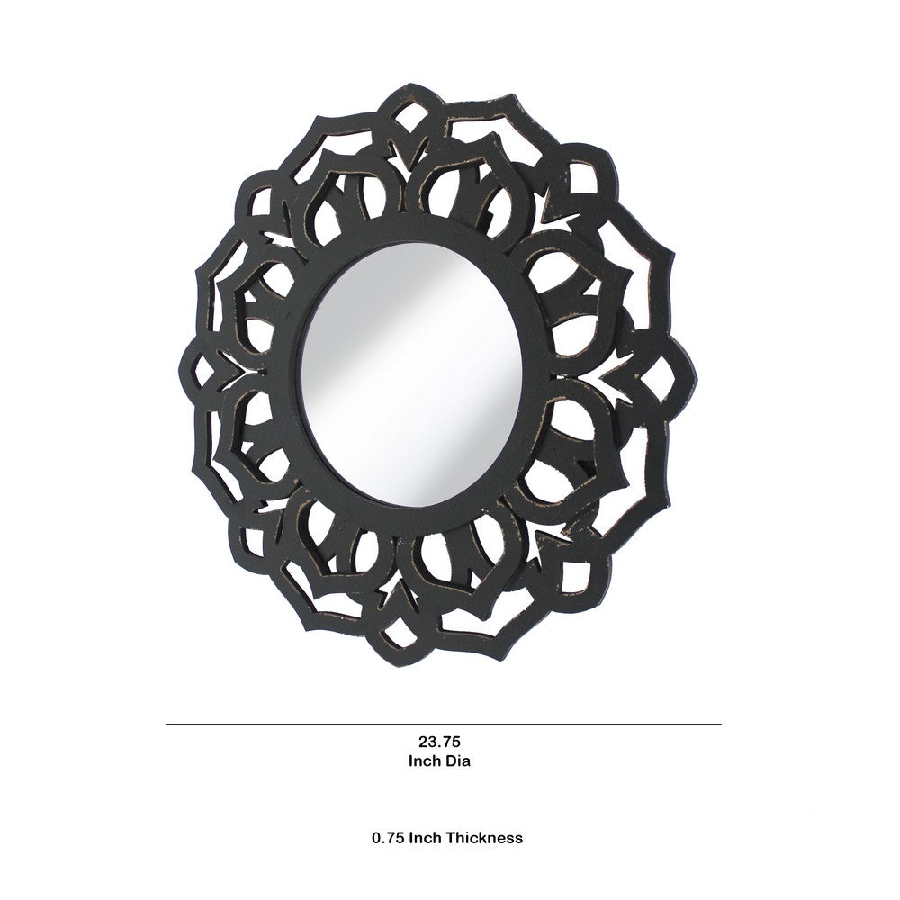 Wooden Mirror Blooming Lotus Wall Decor with Floral Engraving, Black - BM211081