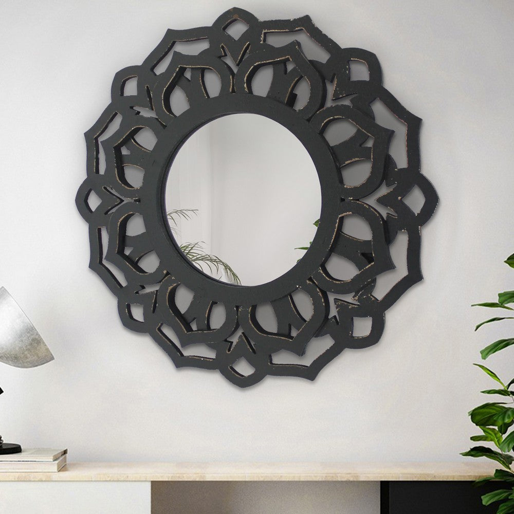 Wooden Mirror Blooming Lotus Wall Decor with Floral Engraving, Black - BM211081