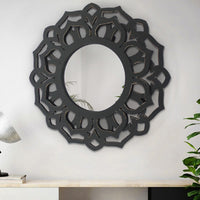 Wooden Mirror Blooming Lotus Wall Decor with Floral Engraving, Black - BM211081