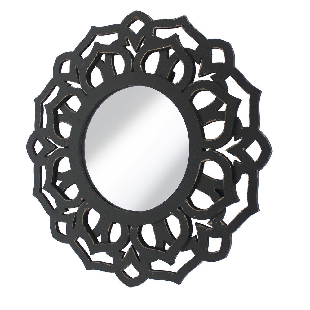 Wooden Mirror Blooming Lotus Wall Decor with Floral Engraving, Black - BM211081