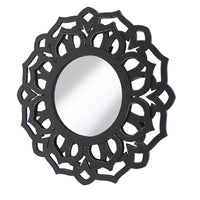 Wooden Mirror Blooming Lotus Wall Decor with Floral Engraving, Black - BM211081