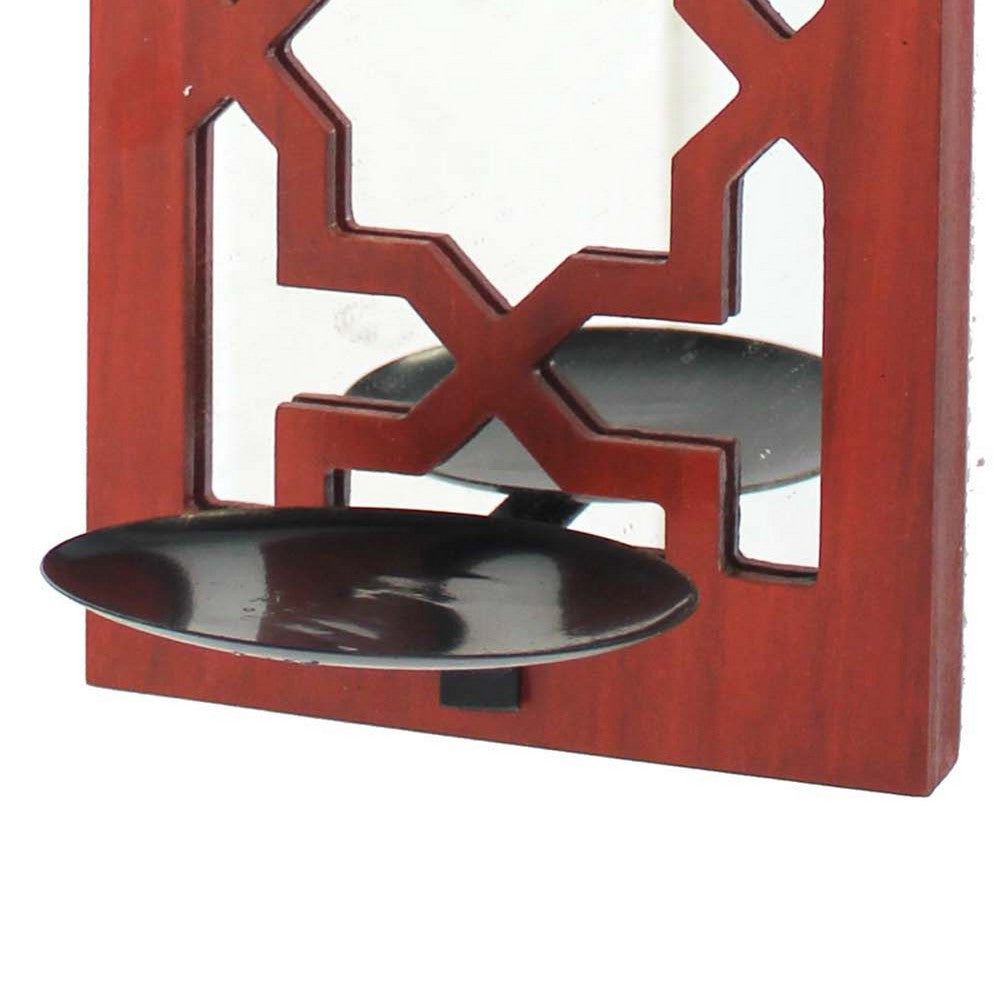 17 Inch Mirrored Wall Art, Candle Holder Sconce, Lattice Design, Red - BM211082