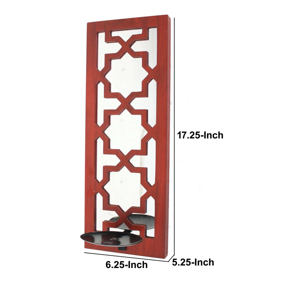 17 Inch Mirrored Wall Art, Candle Holder Sconce, Lattice Design, Red - BM211082