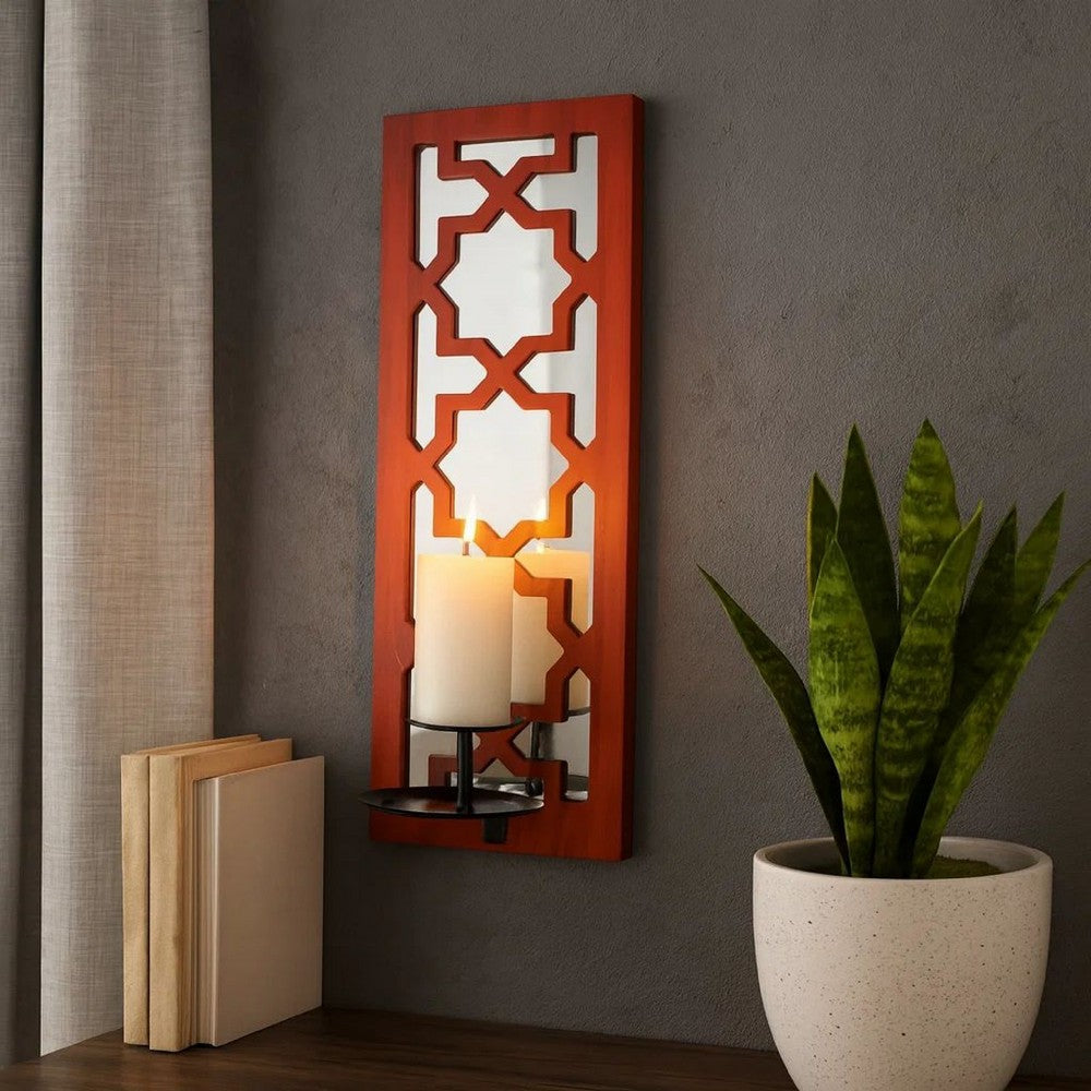 17 Inch Mirrored Wall Art, Candle Holder Sconce, Lattice Design, Red - BM211082