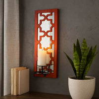 17 Inch Mirrored Wall Art, Candle Holder Sconce, Lattice Design, Red - BM211082