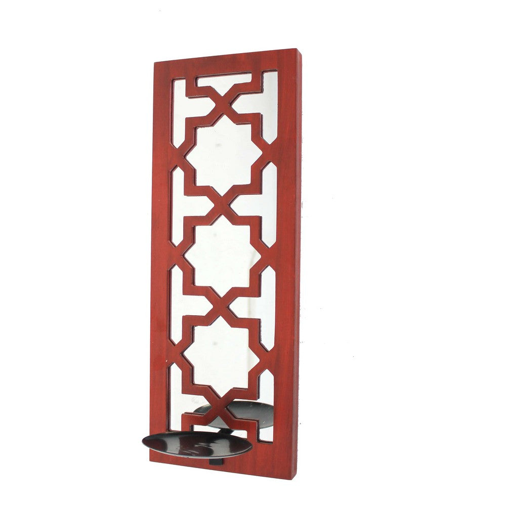 17 Inch Mirrored Wall Art, Candle Holder Sconce, Lattice Design, Red - BM211082