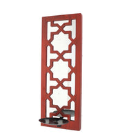 17 Inch Mirrored Wall Art, Candle Holder Sconce, Lattice Design, Red - BM211082