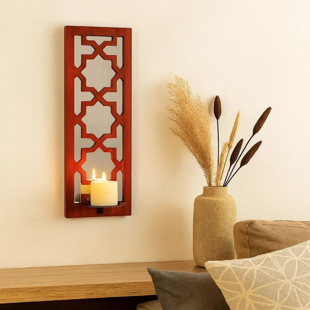 17 Inch Mirrored Wall Art, Candle Holder Sconce, Lattice Design, Red - BM211082