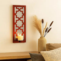 17 Inch Mirrored Wall Art, Candle Holder Sconce, Lattice Design, Red - BM211082