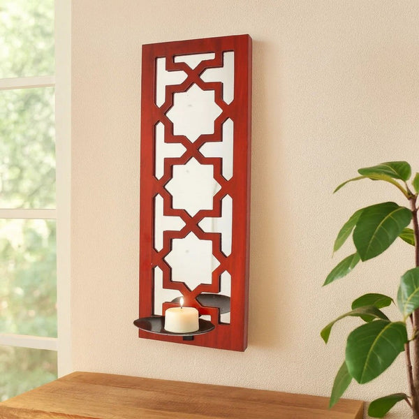 17 Inch Mirrored Wall Art, Candle Holder Sconce, Lattice Design, Red - BM211082