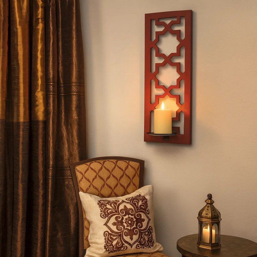 17 Inch Mirrored Wall Art, Candle Holder Sconce, Lattice Design, Red - BM211082