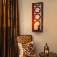 17 Inch Mirrored Wall Art, Candle Holder Sconce, Lattice Design, Red - BM211082