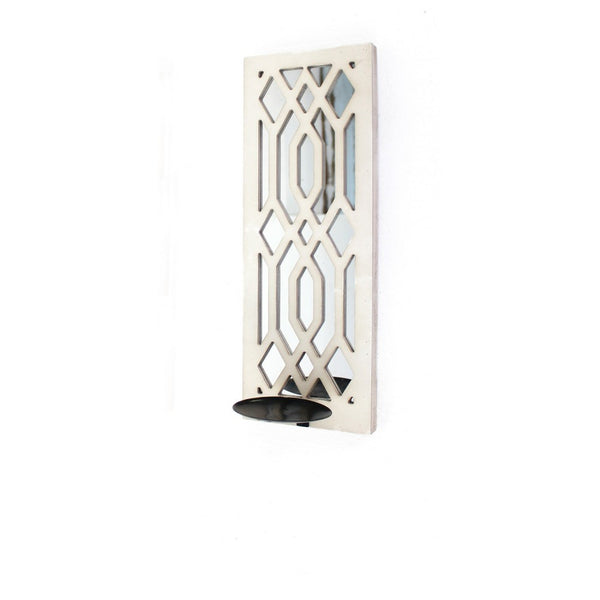 17 Inch Mirrored Wall Art, Candle Holder Sconce, Lattice Design, White - BM211083