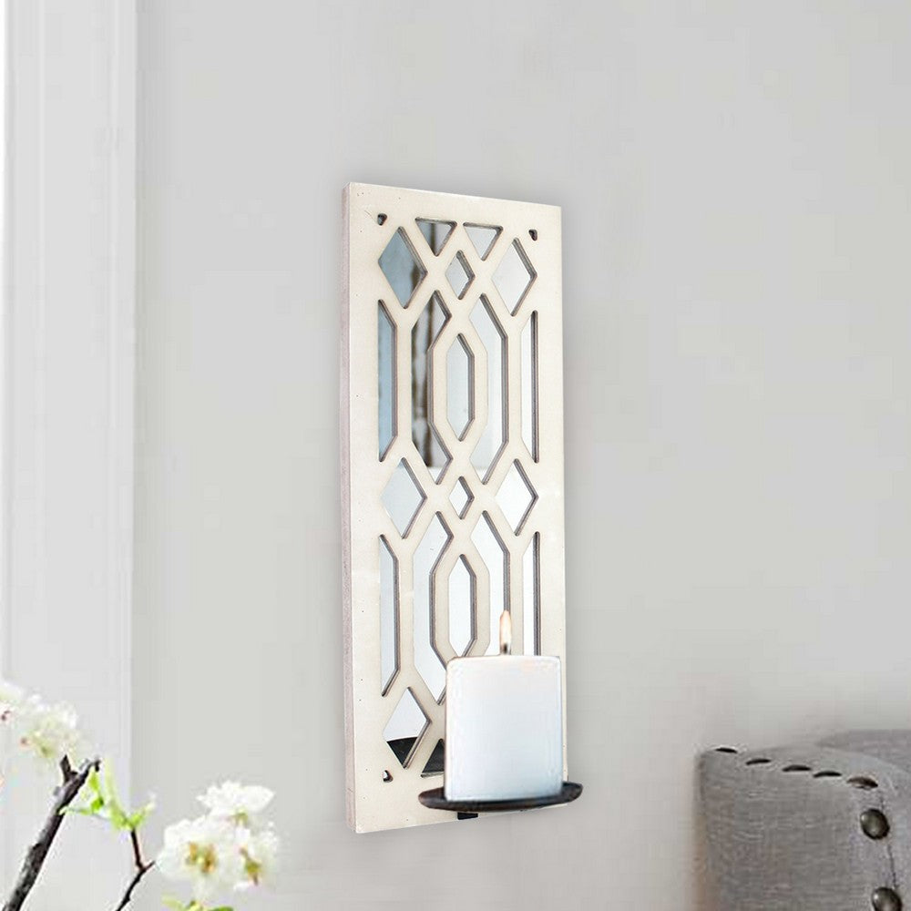 17 Inch Mirrored Wall Art, Candle Holder Sconce, Lattice Design, White - BM211083