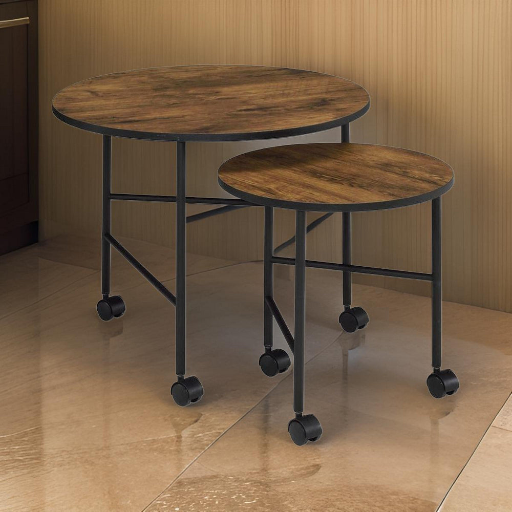 2 Piece Round Nesting End Table with Casters in Oak Brown and Black - BM211088