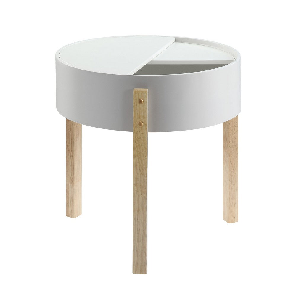 Round Wooden End Table with Hidden Storage, White and Brown - BM211090