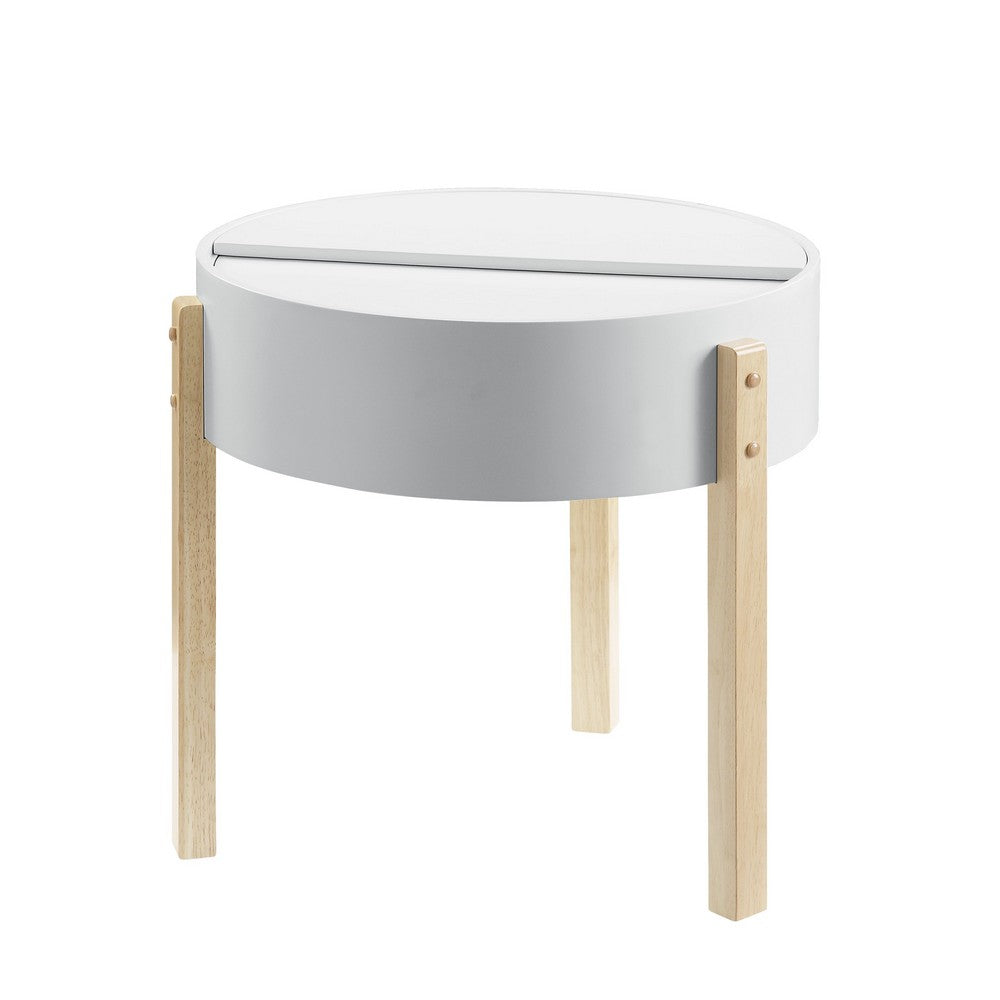 Round Wooden End Table with Hidden Storage, White and Brown - BM211090
