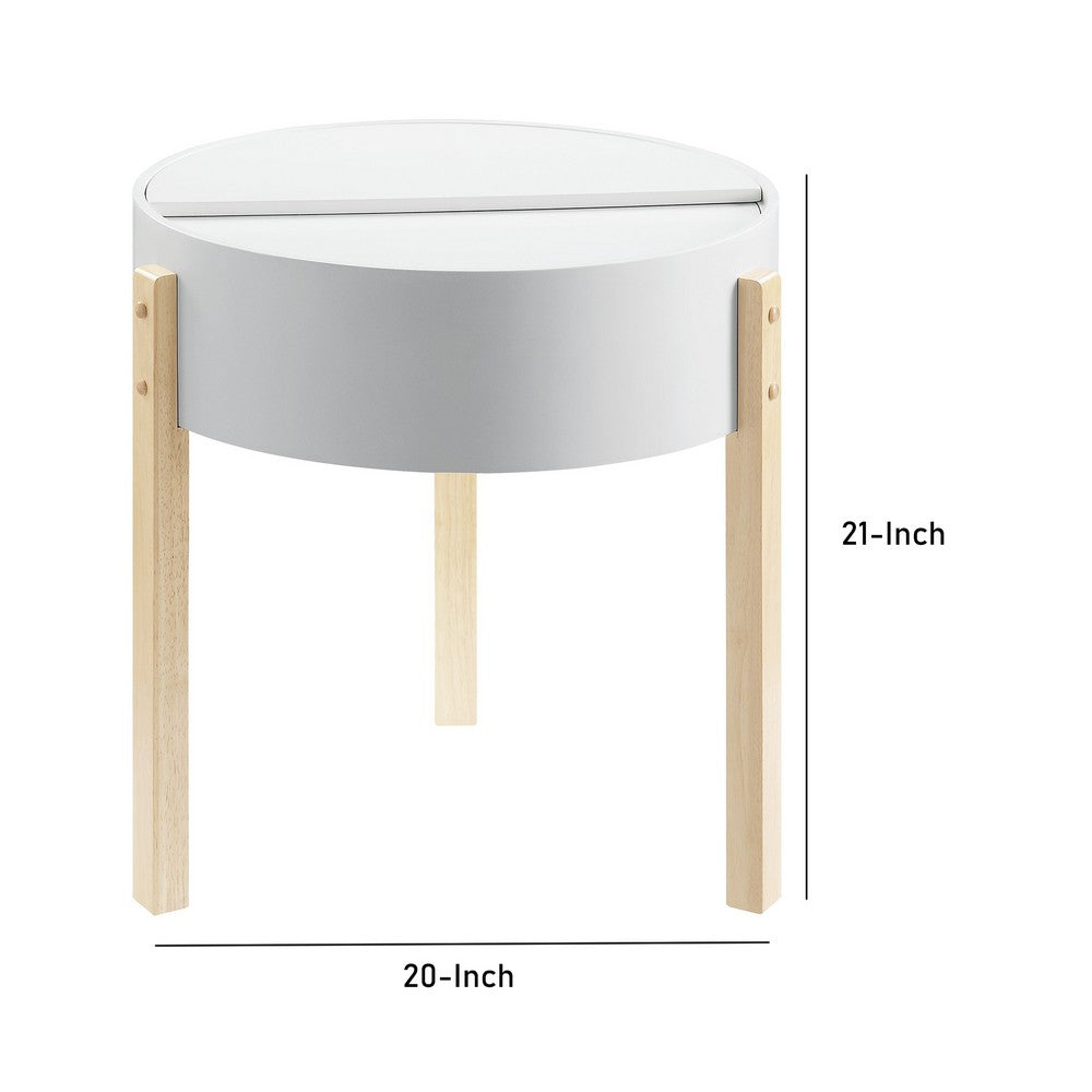 Round Wooden End Table with Hidden Storage, White and Brown - BM211090
