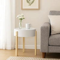 Round Wooden End Table with Hidden Storage, White and Brown - BM211090