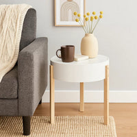Round Wooden End Table with Hidden Storage, White and Brown - BM211090
