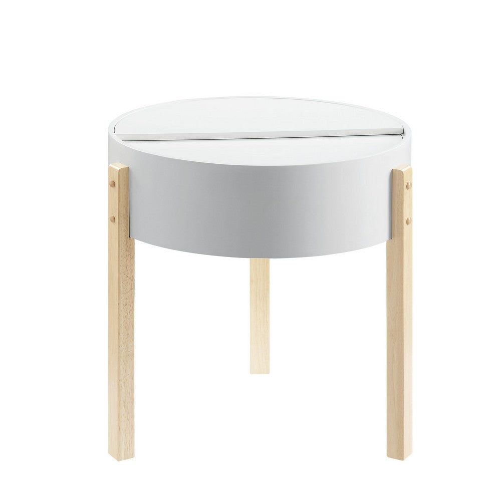 Round Wooden End Table with Hidden Storage, White and Brown - BM211090
