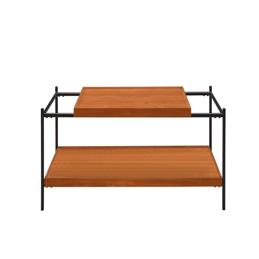 Rectangular Wooden Top Metal Frame Coffee Table, Oak Brown and Black - BM211097
