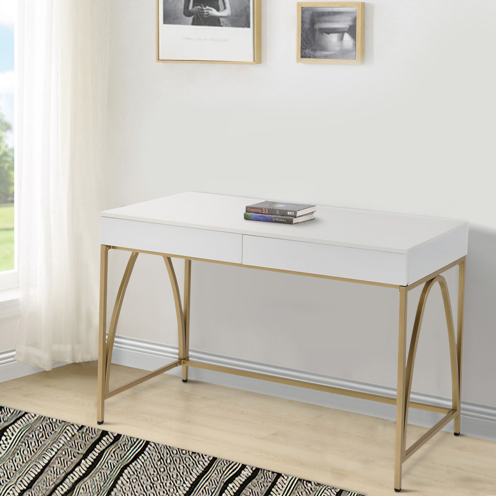 Rectangular Wooden Frame Desk with 2 Drawers and Metal Legs in White and Gold - BM211100