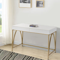 Rectangular Wooden Frame Desk with 2 Drawers and Metal Legs in White and Gold - BM211100