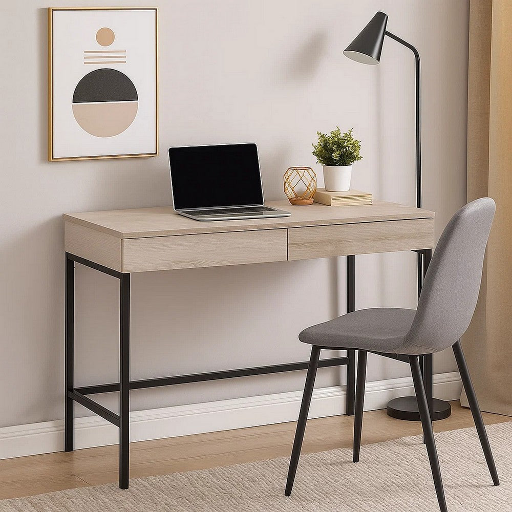 Wooden Desk with 2 Drawers and Metal Frame in Washed White and Black - BM211102
