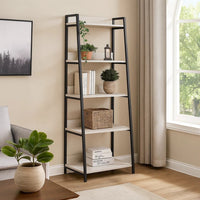 Wooden Bookshelf with 5 Open Compartments, Washed White and Black - BM211104