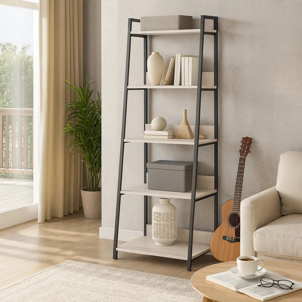 Wooden Bookshelf with 5 Open Compartments, Washed White and Black - BM211104