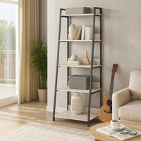 Wooden Bookshelf with 5 Open Compartments, Washed White and Black - BM211104