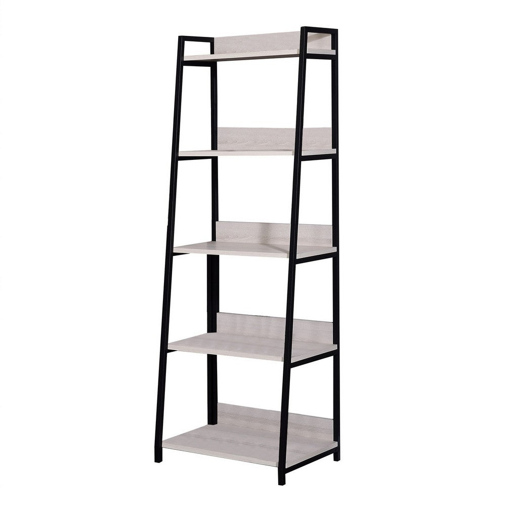 Wooden Frame Bookshelf with 5 Open Compartments, Washed White and Black - BM211105