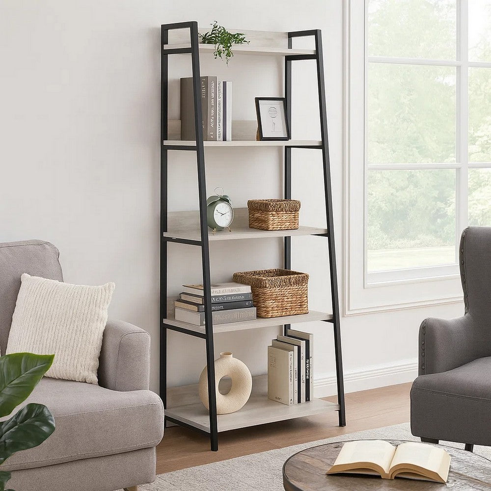 Wooden Frame Bookshelf with 5 Open Compartments, Washed White and Black - BM211105