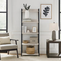 Wooden Frame Bookshelf with 5 Open Compartments, Washed White and Black - BM211105