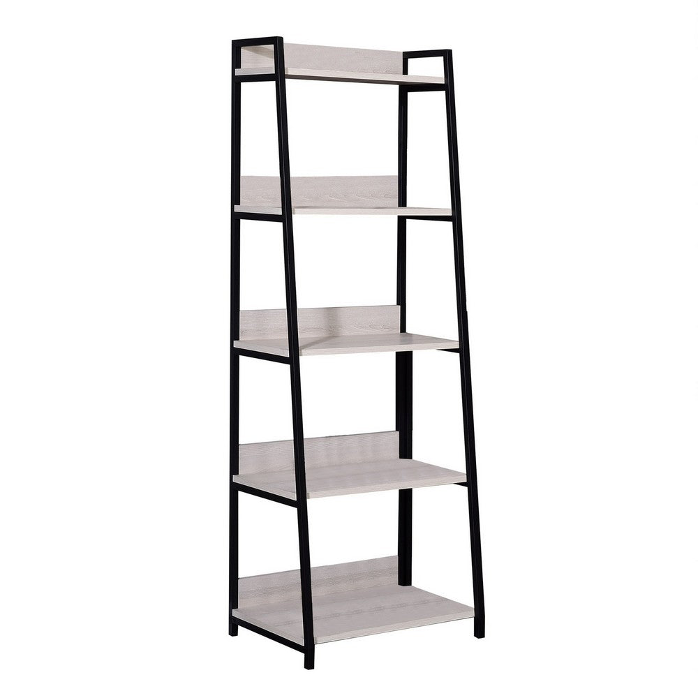 Wooden Frame Bookshelf with 5 Open Compartments, Washed White and Black - BM211105