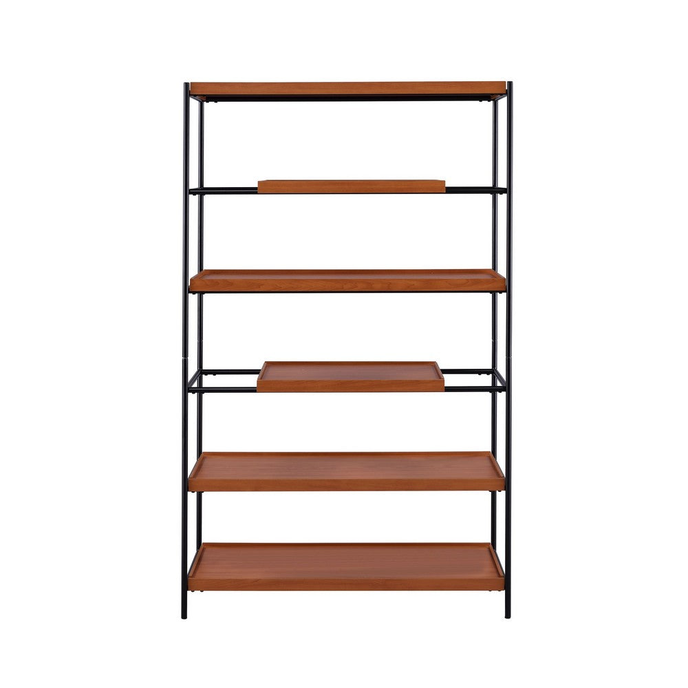 5 Tier Wooden Bookshelf with Open Metal Frame, Oak Brown and Black - BM211106