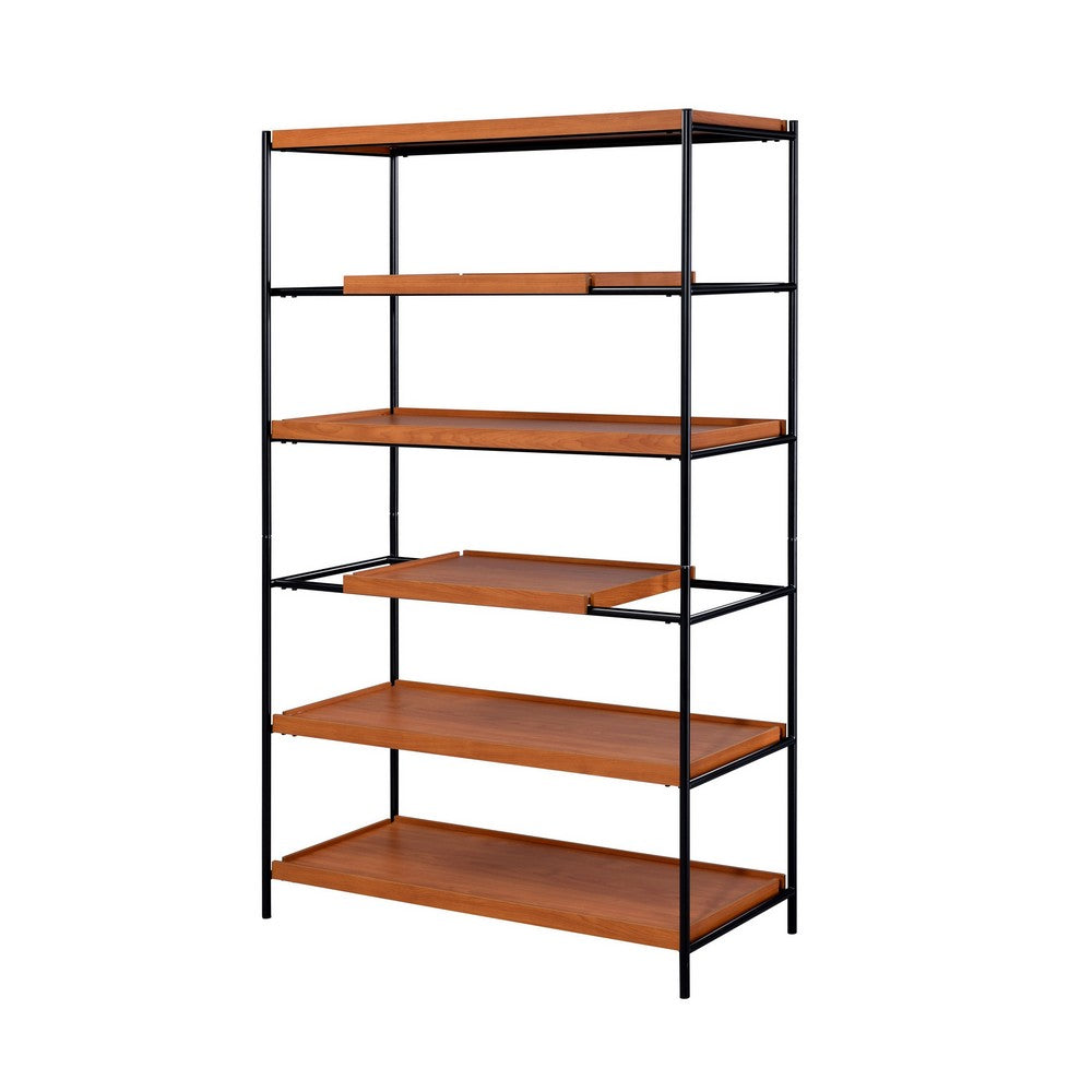 5 Tier Wooden Bookshelf with Open Metal Frame, Oak Brown and Black - BM211106