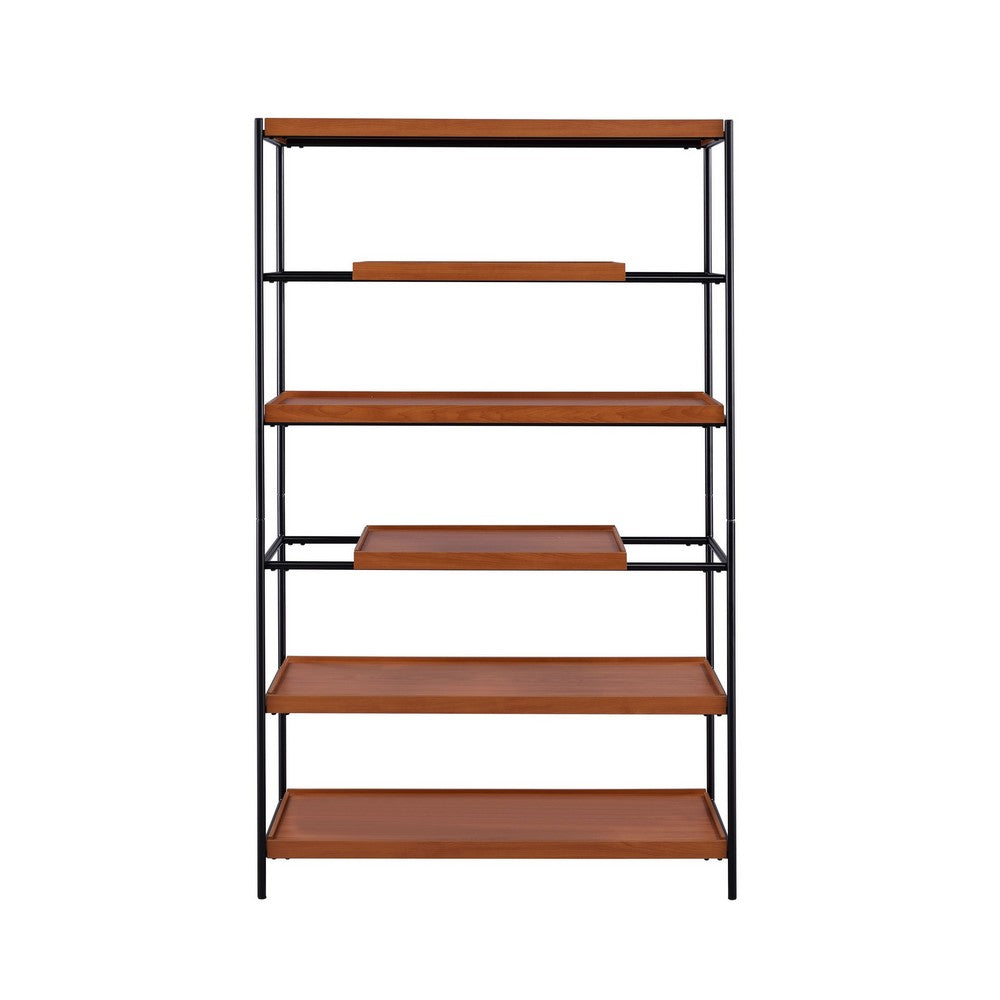 5 Tier Wooden Bookshelf with Open Metal Frame, Oak Brown and Black - BM211106