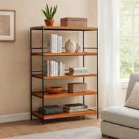 5 Tier Wooden Bookshelf with Open Metal Frame, Oak Brown and Black - BM211106
