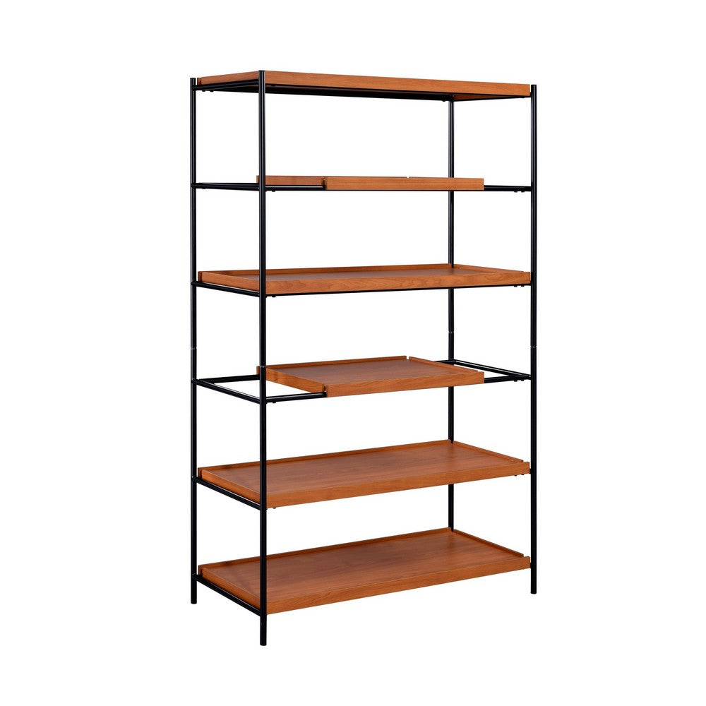 5 Tier Wooden Bookshelf with Open Metal Frame, Oak Brown and Black - BM211106