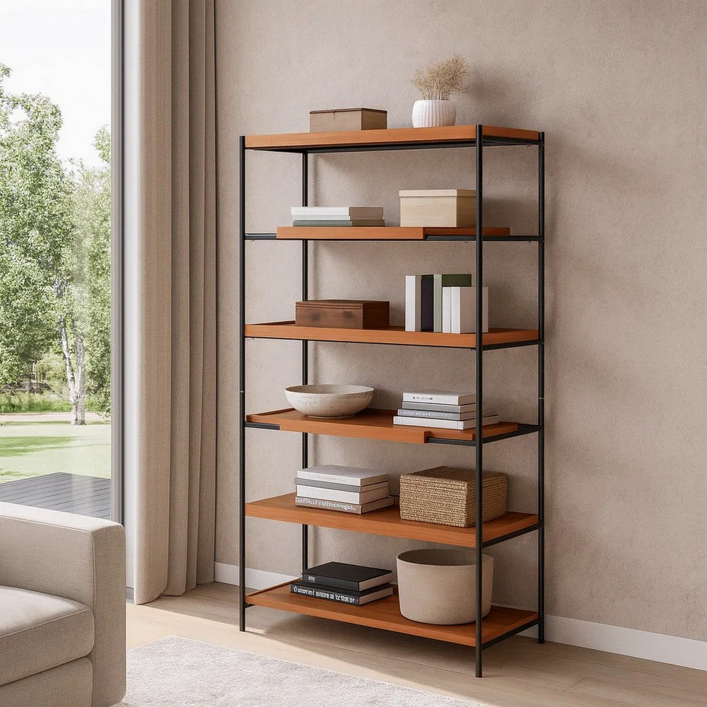 5 Tier Wooden Bookshelf with Open Metal Frame, Oak Brown and Black - BM211106